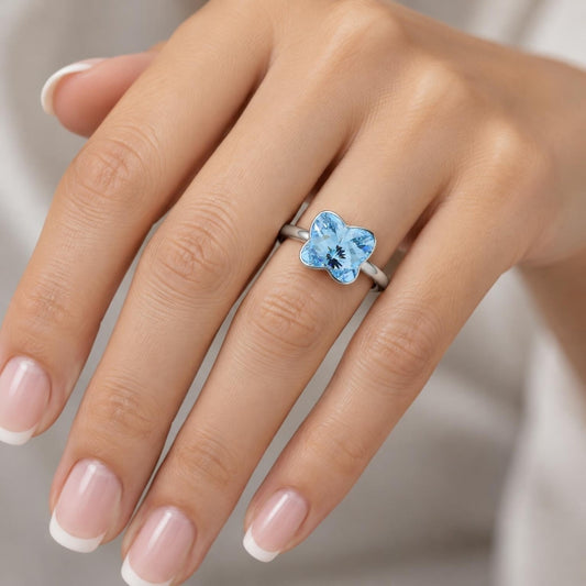 White Gold Filled Multi Stone Ring, Butterfly Design, with Aquamarine Swarovski Crystals, Polished, Rhodium Finish