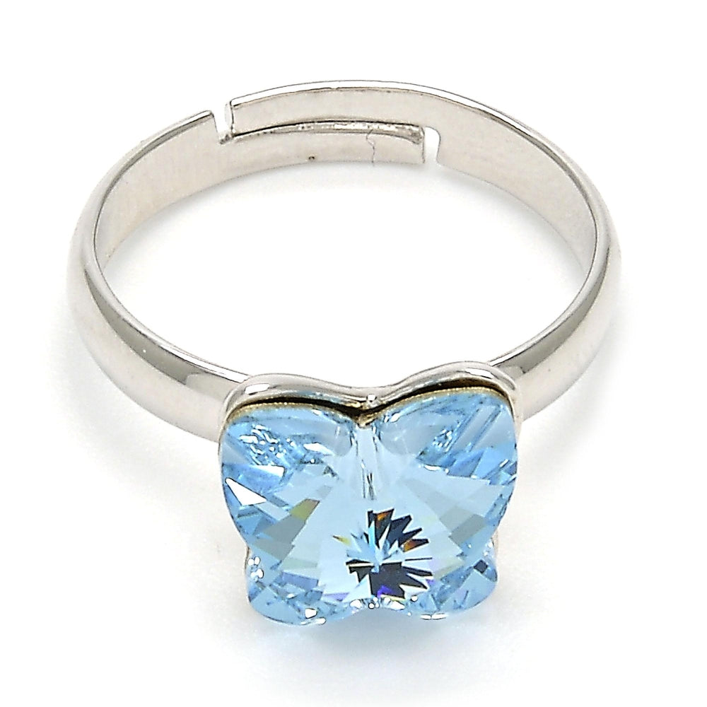 Rhodium Gold Filled Multi Stone Ring, Butterfly Design, with Aquamarine Swarovski Crystals, Polished, Rhodium Finish