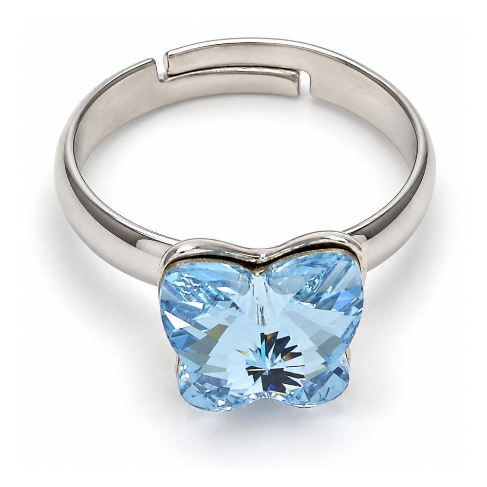 White Gold Filled Multi Stone Ring, Butterfly Design, with Aquamarine Swarovski Crystals, Polished, Rhodium Finish