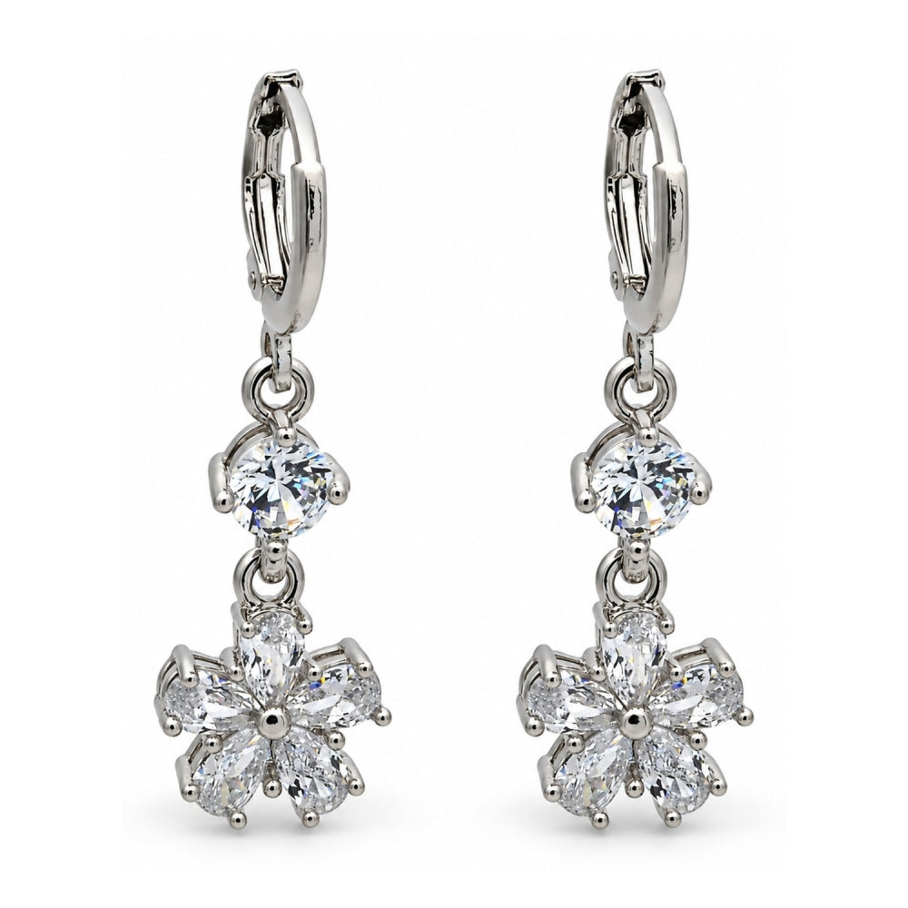 Rhodium Gold Filled Long Earring, Flower Design, with White Cubic Zirconia, Polished, Rhodium Finish