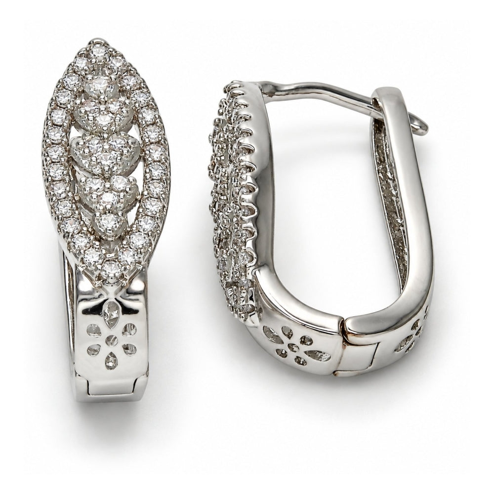 Rhodium Gold Filled Huggie Hoop, Heart Design, with White Micro Pave, Polished, Rhodium Finish