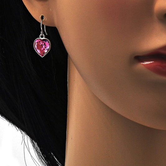 Rhodium Gold Filled Dangle Earring, Heart Design, with Rose Swarovski Crystals, Polished, Rhodium Finish