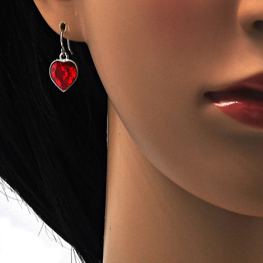 Rhodium Gold Filled Dangle Earring, Heart Design, with Light Siam Swarovski Crystals, Polished, Rhodium Finish