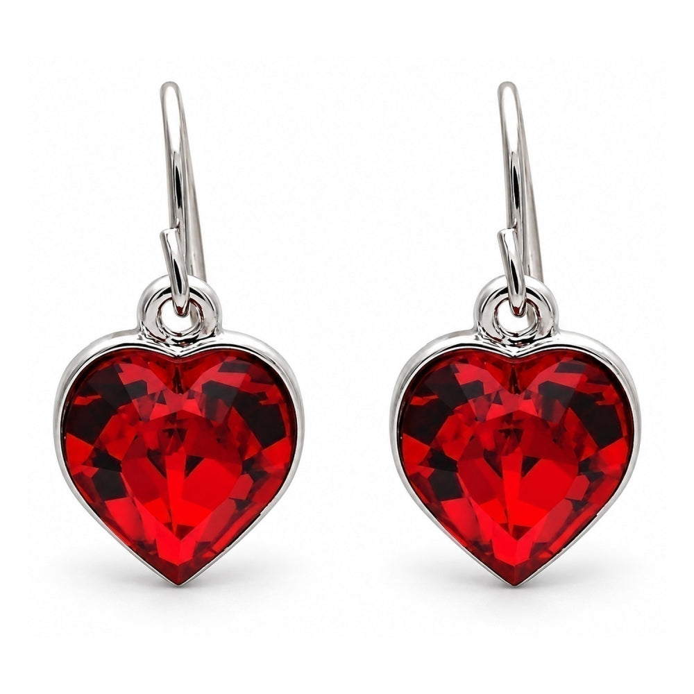 White Gold Filled Dangle Earring, Heart Design, with Light Siam Swarovski Crystals, Polished, Rhodium Finish