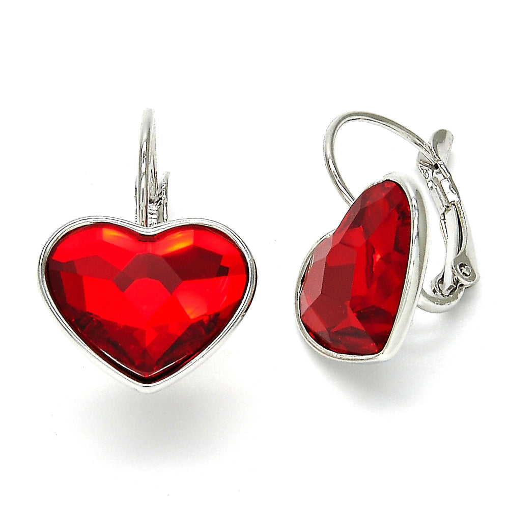 Rhodium Gold Filled Leverback Earring, Heart Design, with Light Siam Swarovski Crystals, Polished, Rhodium Finish
