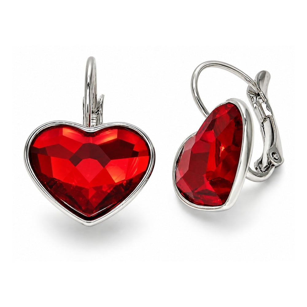 Rhodium Gold Filled Leverback Earring, Heart Design, with Light Siam Swarovski Crystals, Polished, Rhodium Finish