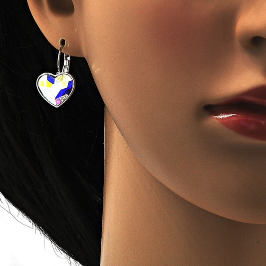 White Gold Filled Leverback Earring, Heart Design, with Aurore Boreale Swarovski Crystals, Polished, Rhodium Finish