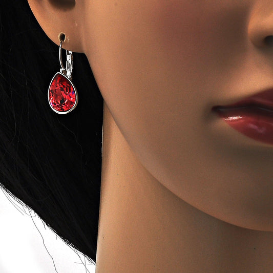 White Gold Filled Leverback Earring, Teardrop Design, with Padparadscha Swarovski Crystals, Polished, Rhodium Finish
