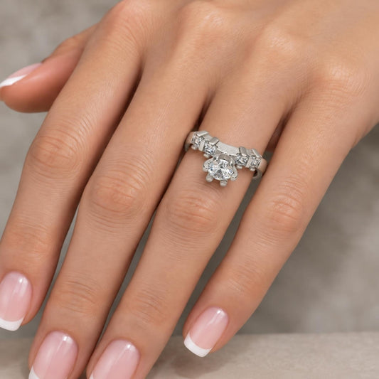White Gold Filled Multi Stone Ring, Baguette Design, with White Cubic Zirconia, Polished, Rhodium Finish