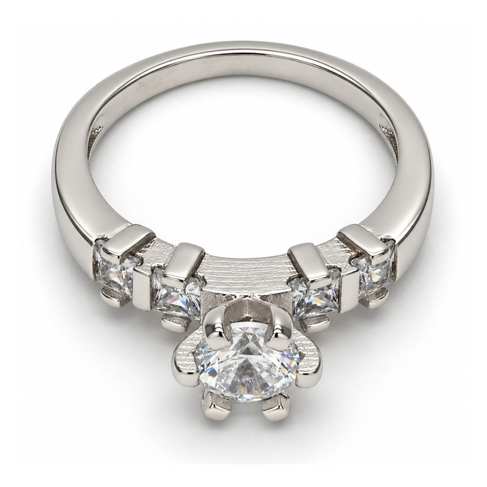 White Gold Filled Multi Stone Ring, Baguette Design, with White Cubic Zirconia, Polished, Rhodium Finish