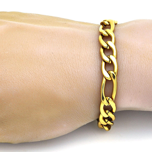 Stainless Steel Basic Bracelet, Figaro Design, Polished, Golden Finish