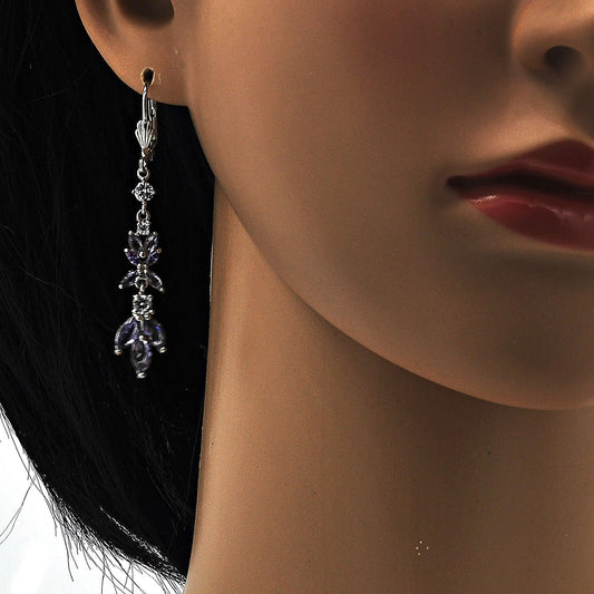 Rhodium Gold Filled Long Earring, Leaf Design, with Amethyst and White Cubic Zirconia, Polished, Rhodium Finish