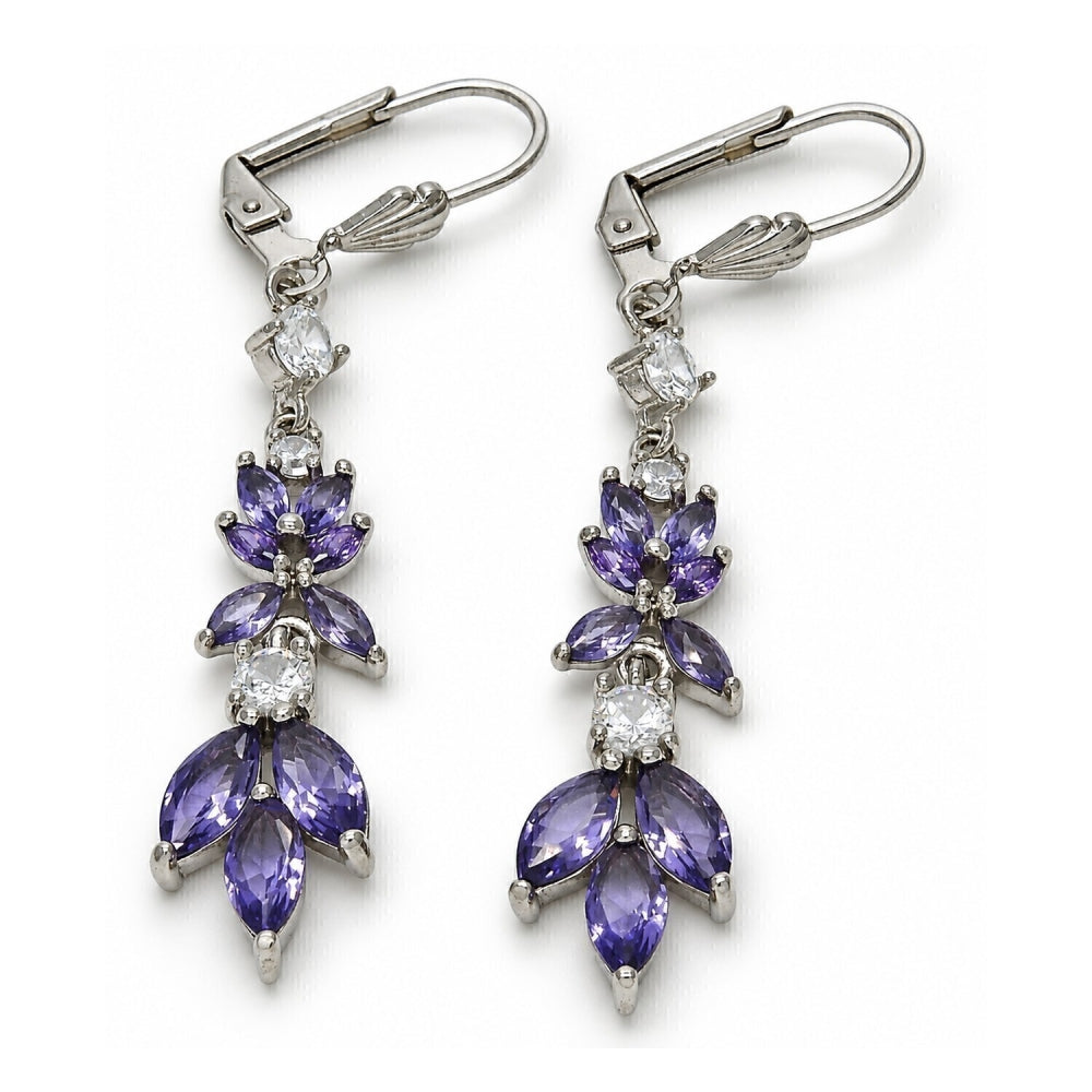White Gold Filled Long Earring, Leaf Design, with Amethyst and White Cubic Zirconia, Polished, Rhodium Finish