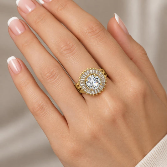 Oro Laminado Multi Stone Ring, Gold Filled Style Flower and Baguette Design, with White Cubic Zirconia, Polished, Golden Finish