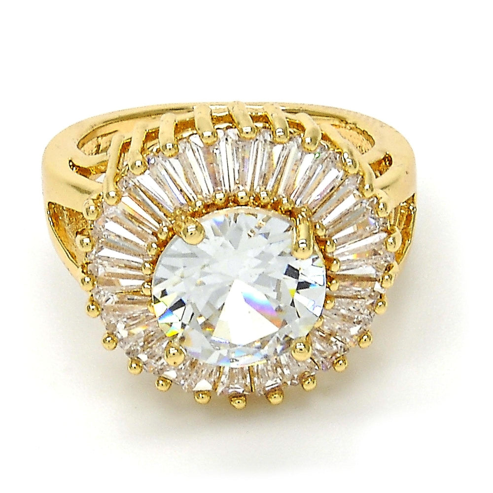 Oro Laminado Multi Stone Ring, Gold Filled Style Flower and Baguette Design, with White Cubic Zirconia, Polished, Golden Finish