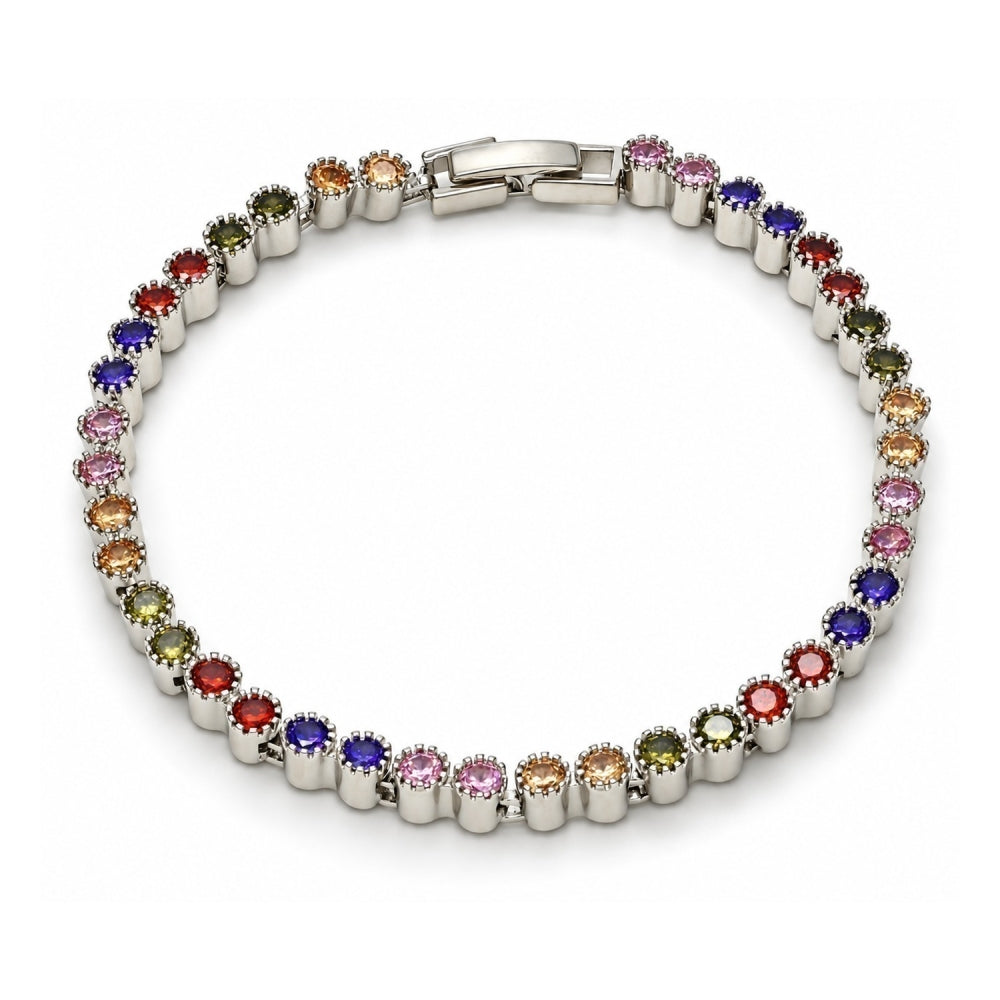 White Gold Filled Tennis Bracelet, with Multicolor Cubic Zirconia, Polished, Rhodium Finish