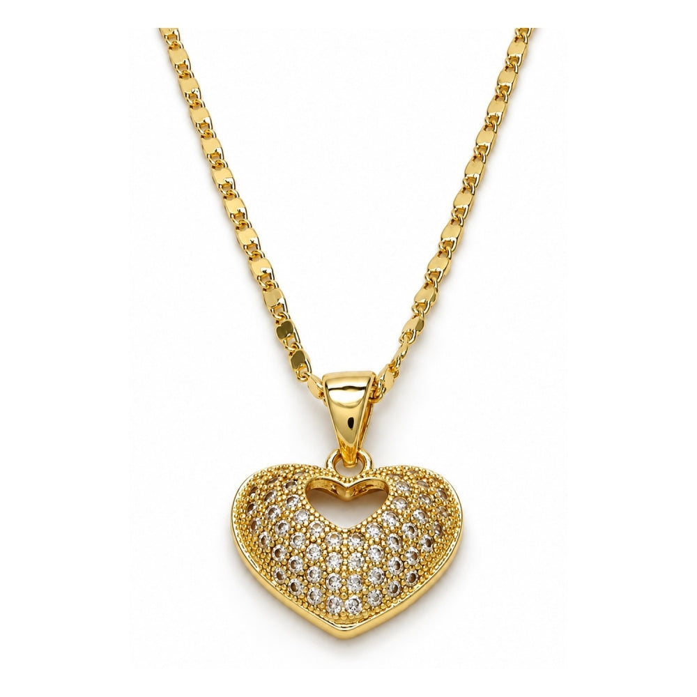 Oro Laminado Pendant Necklace, Gold Filled Style Heart Design, with White Micro Pave, Polished, Golden Finish