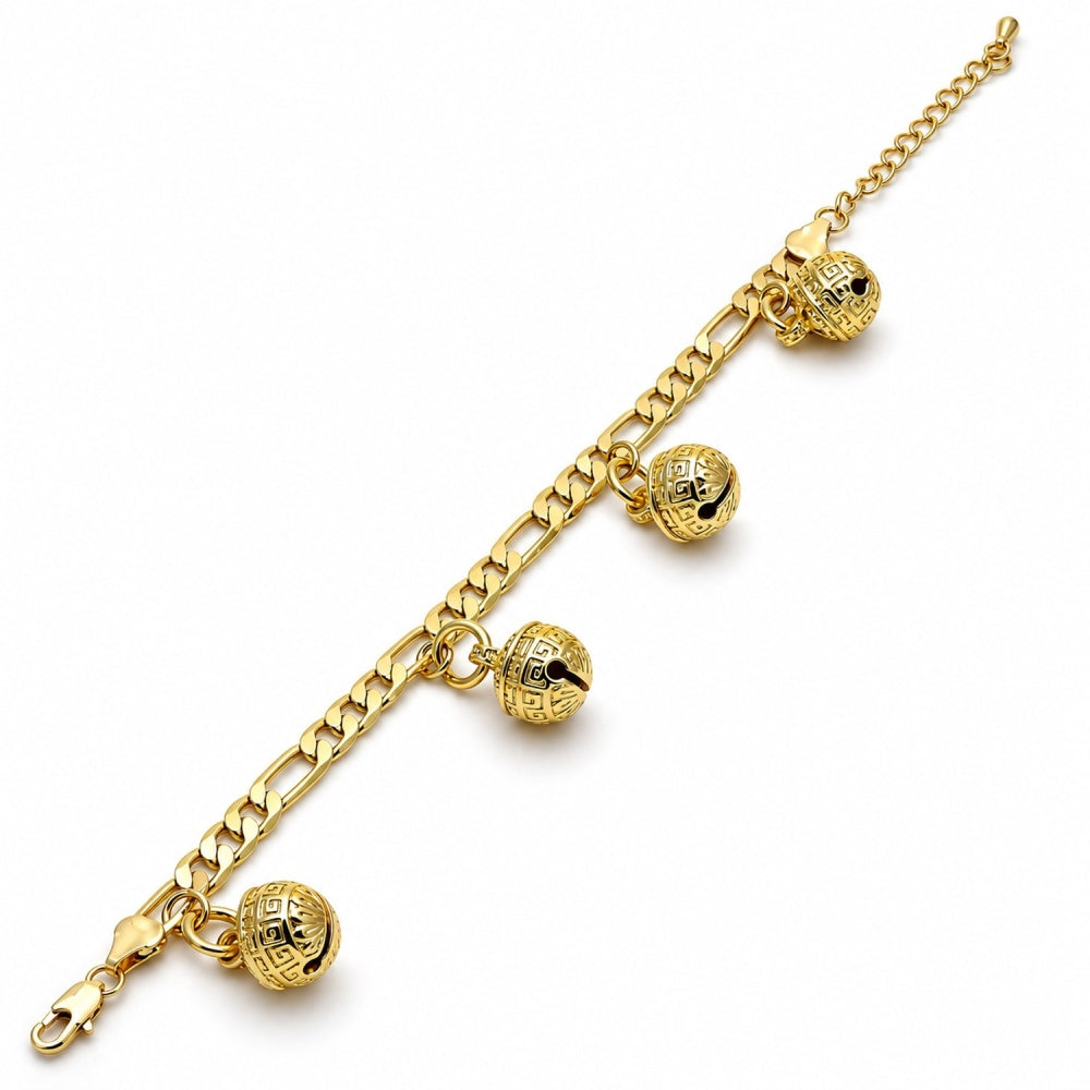 Oro Laminado Charm Bracelet, Gold Filled Style Rattle Charm and Greek Key Design, Polished, Golden Finish