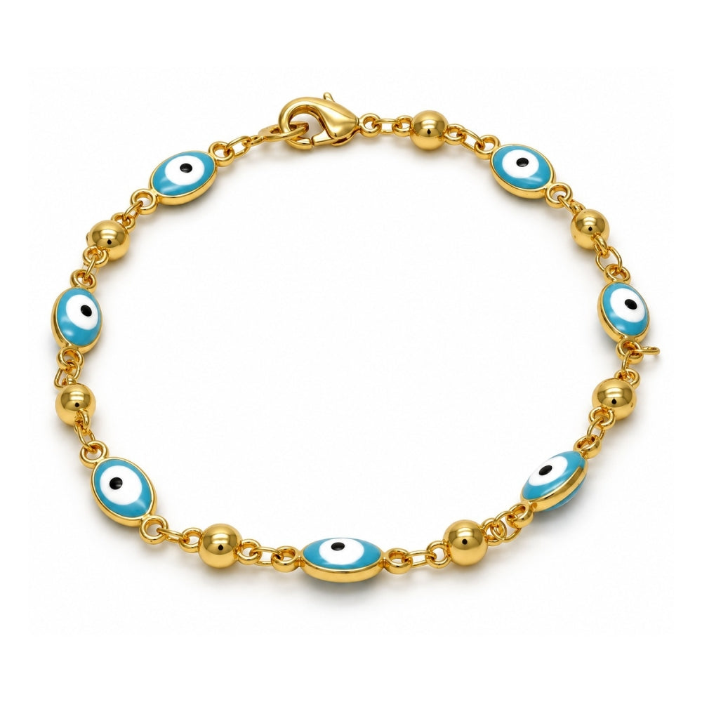 Gold Tone Fancy Bracelet, Evil Eye Design, Turquoise Enamel Finish, Golden Finish