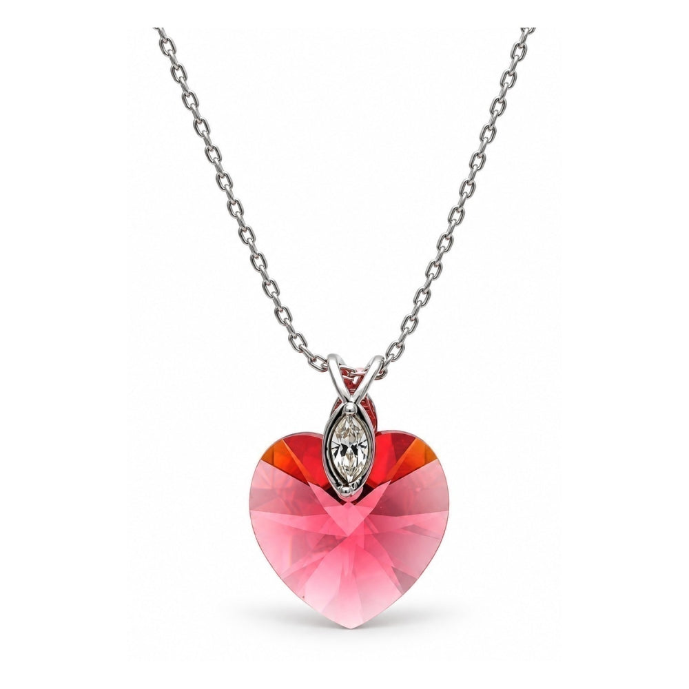 White Gold Filled Pendant Necklace, Heart Design, with Padparadscha Swarovski Crystals and White Micro Pave, Polished, Rhodium Finish