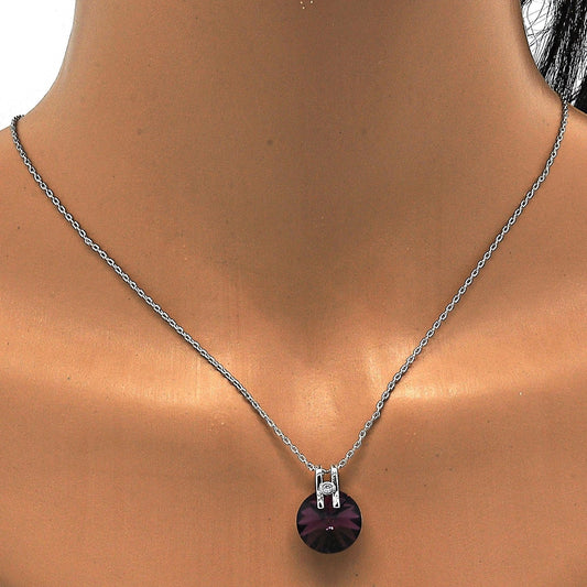 Rhodium Gold Filled Pendant Necklace, with Amethyst Swarovski Crystals and White Micro Pave, Polished, Rhodium Finish