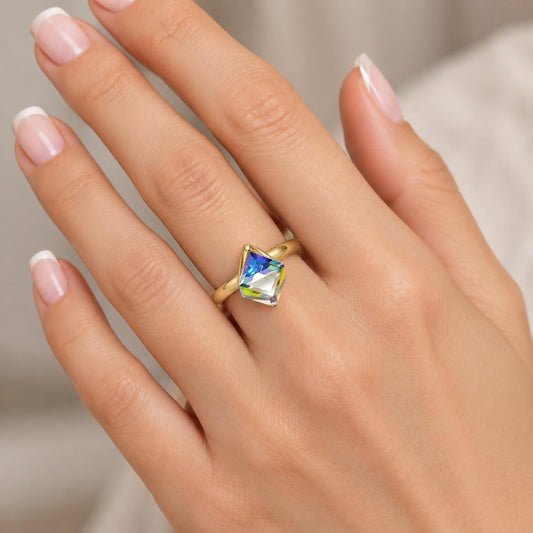 Oro Laminado Multi Stone Ring, Gold Filled Style with Vitrail Light Swarovski Crystals, Polished, Golden Finish