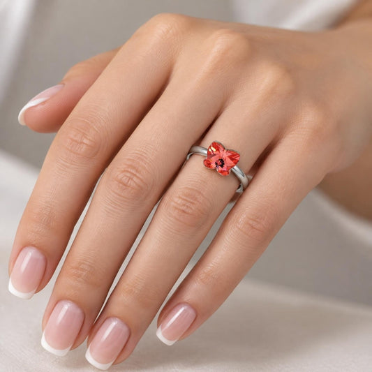 White Gold Filled Multi Stone Ring, Butterfly Design, with Rose Peach Swarovski Crystals, Polished, Rhodium Finish