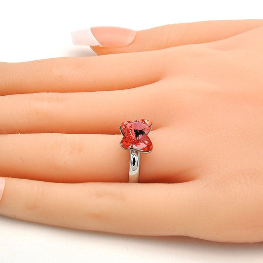 White Gold Filled Multi Stone Ring, Butterfly Design, with Rose Peach Swarovski Crystals, Polished, Rhodium Finish