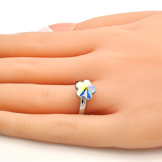 White Gold Filled Multi Stone Ring, Flower Design, with Aurore Boreale Swarovski Crystals, Polished, Rhodium Finish