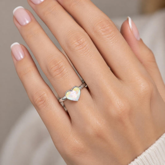 White Gold Filled Multi Stone Ring, Heart Design, with Aurore Boreale Swarovski Crystals, Polished, Rhodium Finish