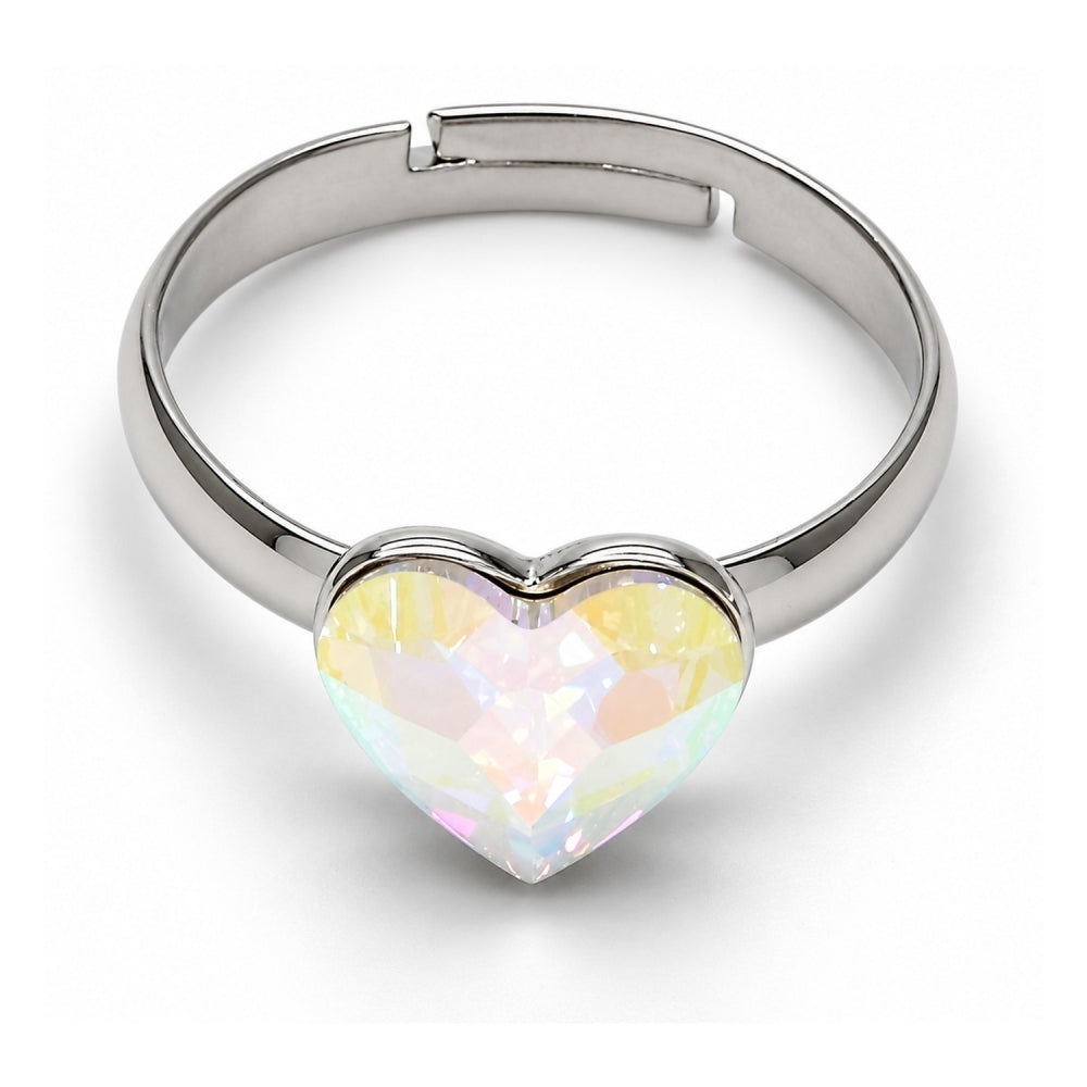 White Gold Filled Multi Stone Ring, Heart Design, with Aurore Boreale Swarovski Crystals, Polished, Rhodium Finish