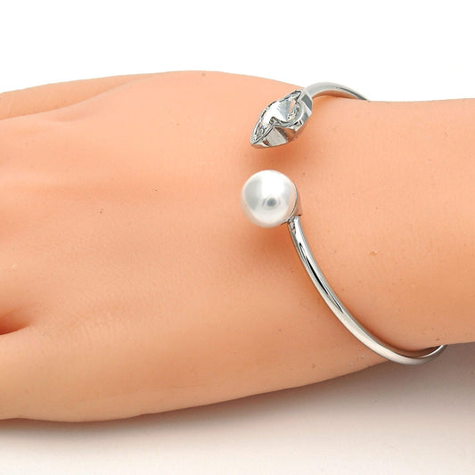 Rhodium Gold Filled Individual Bangle, Butterfly Design, with Crystal Swarovski Crystals and Ivory Pearl, Polished, Rhodium Finish