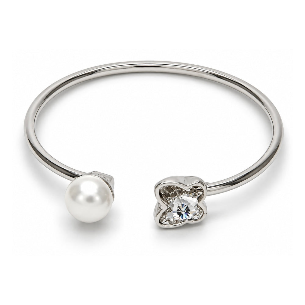 White Gold Filled Individual Bangle, Butterfly Design, with Crystal Swarovski Crystals and Ivory Pearl, Polished, Rhodium Finish
