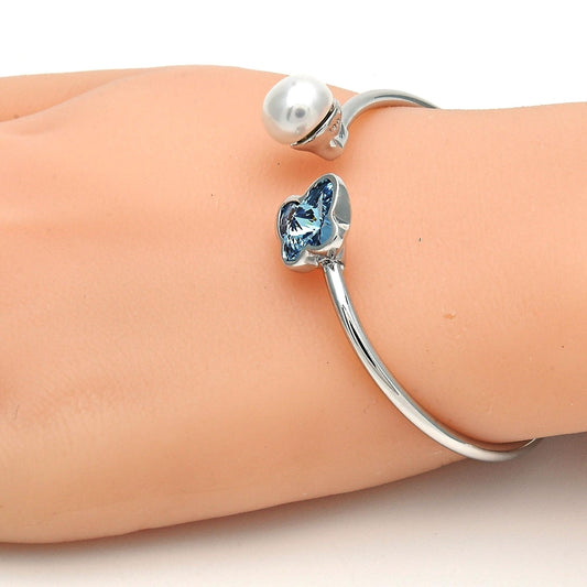 Rhodium Gold Filled Individual Bangle, Butterfly Design, with Aquamarine Swarovski Crystals and Ivory Pearl, Polished, Rhodium Finish