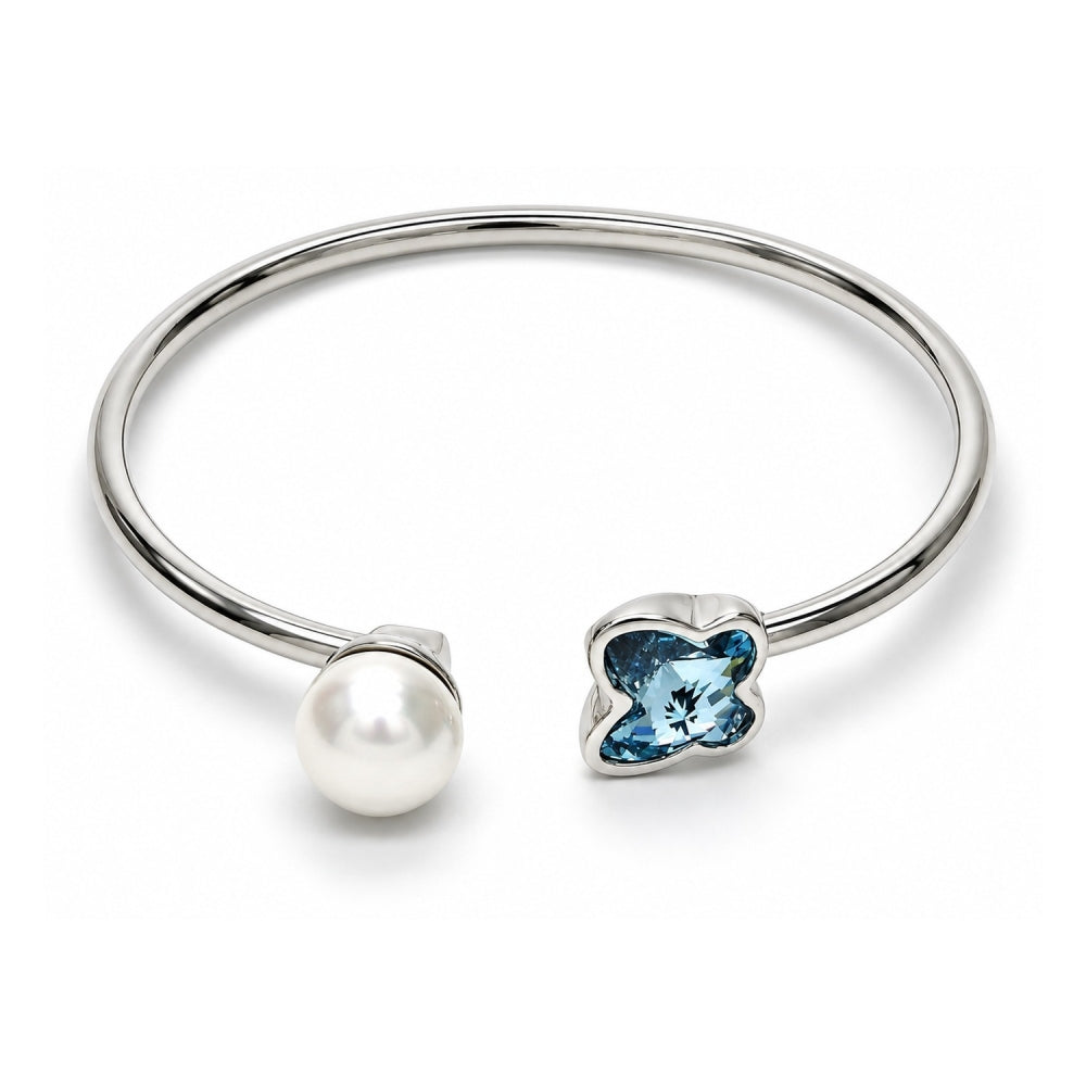 Rhodium Gold Filled Individual Bangle, Butterfly Design, with Aquamarine Swarovski Crystals and Ivory Pearl, Polished, Rhodium Finish