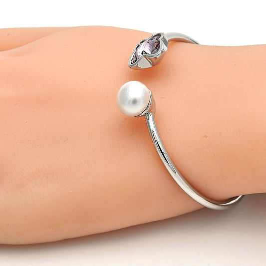 Rhodium Gold Filled Individual Bangle, Butterfly Design, with Amethyst Swarovski Crystals and Ivory Pearl, Polished, Rhodium Finish