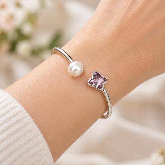 White Gold Filled Individual Bangle, Butterfly Design, with Amethyst Swarovski Crystals and Ivory Pearl, Polished, Rhodium Finish
