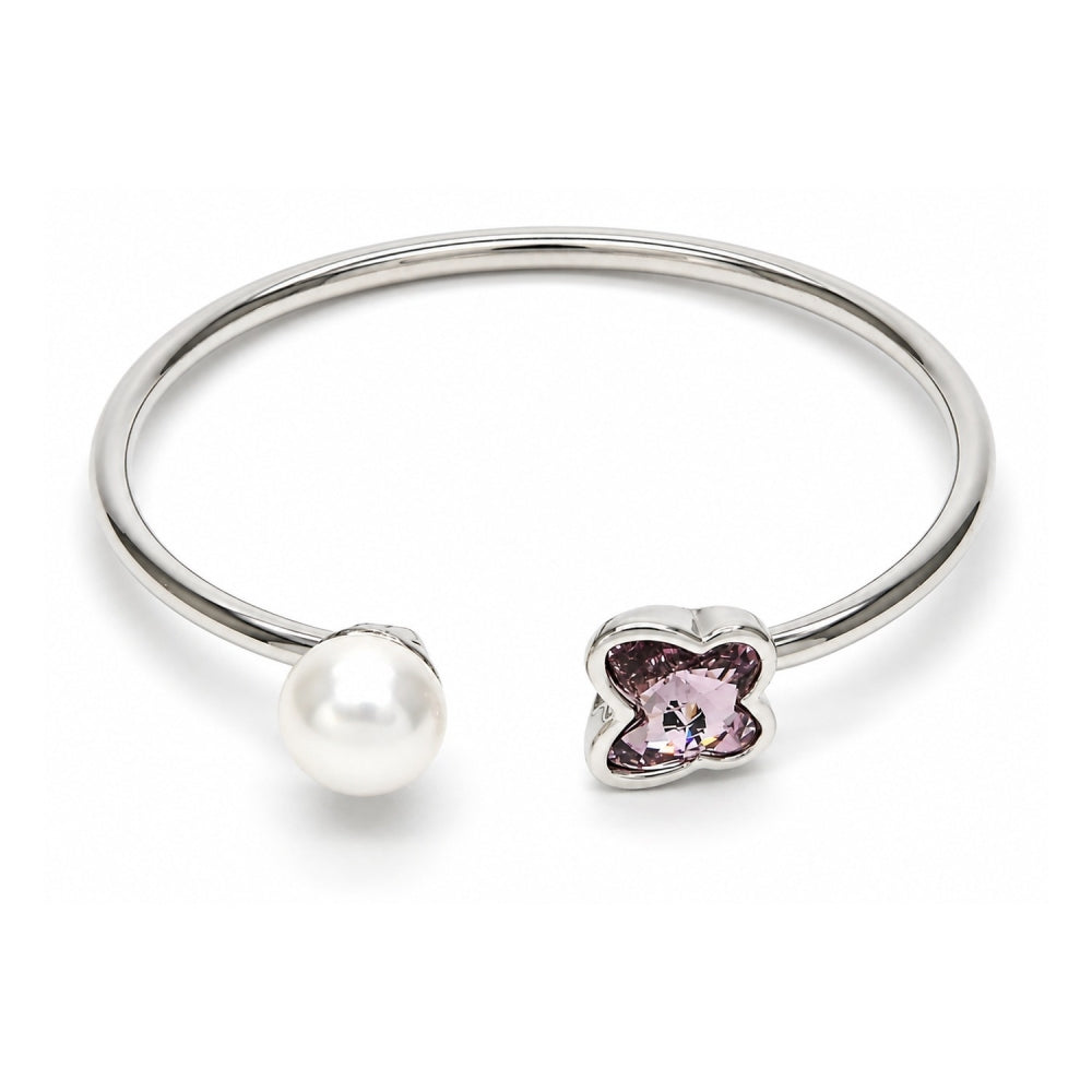 Rhodium Gold Filled Individual Bangle, Butterfly Design, with Amethyst Swarovski Crystals and Ivory Pearl, Polished, Rhodium Finish