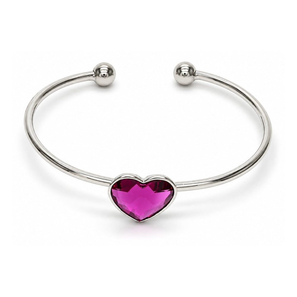 White Gold Filled Individual Bangle, Heart Design, with Rose Swarovski Crystals, Polished, Rhodium Finish