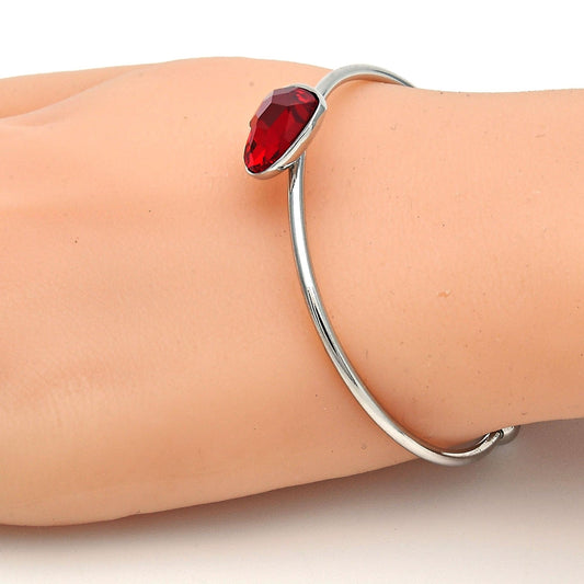 Rhodium Gold Filled Individual Bangle, Heart Design, with Light Siam Swarovski Crystals, Polished, Rhodium Finish