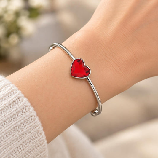 White Gold Filled Individual Bangle, Heart Design, with Light Siam Swarovski Crystals, Polished, Rhodium Finish