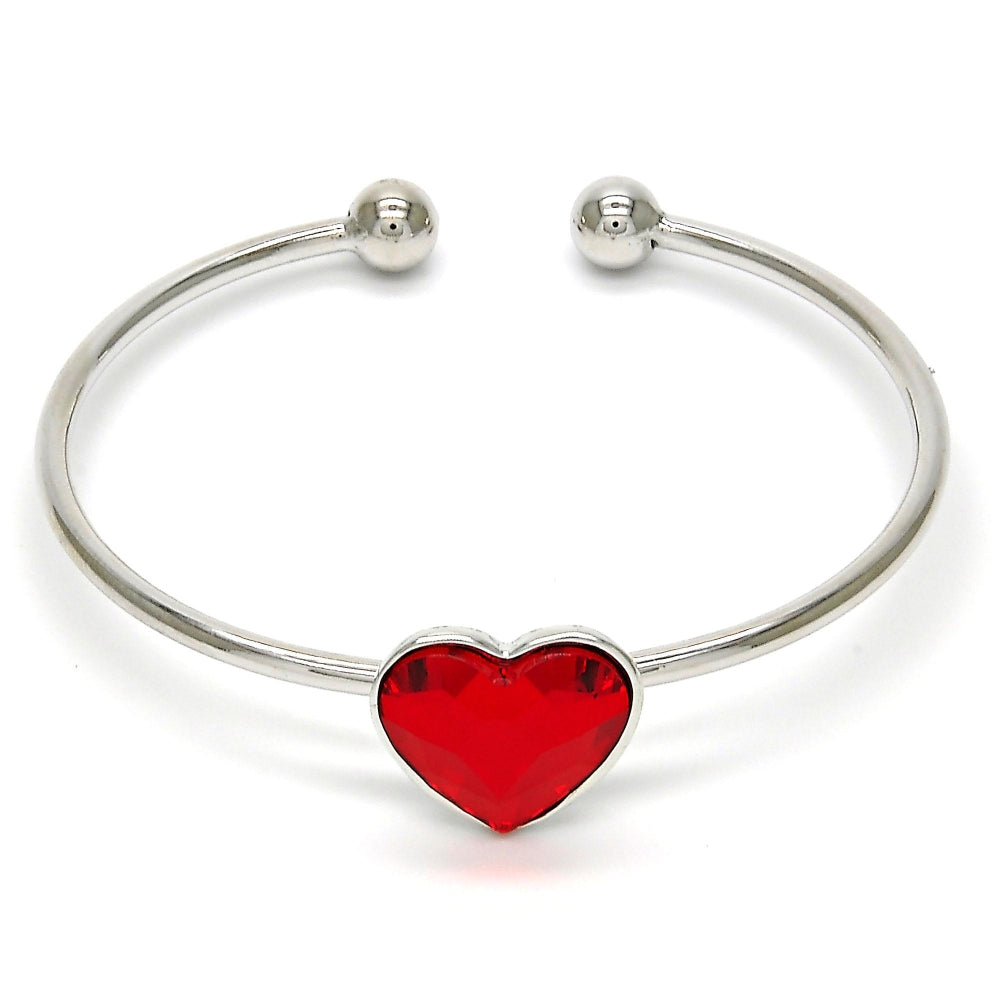 Rhodium Gold Filled Individual Bangle, Heart Design, with Light Siam Swarovski Crystals, Polished, Rhodium Finish