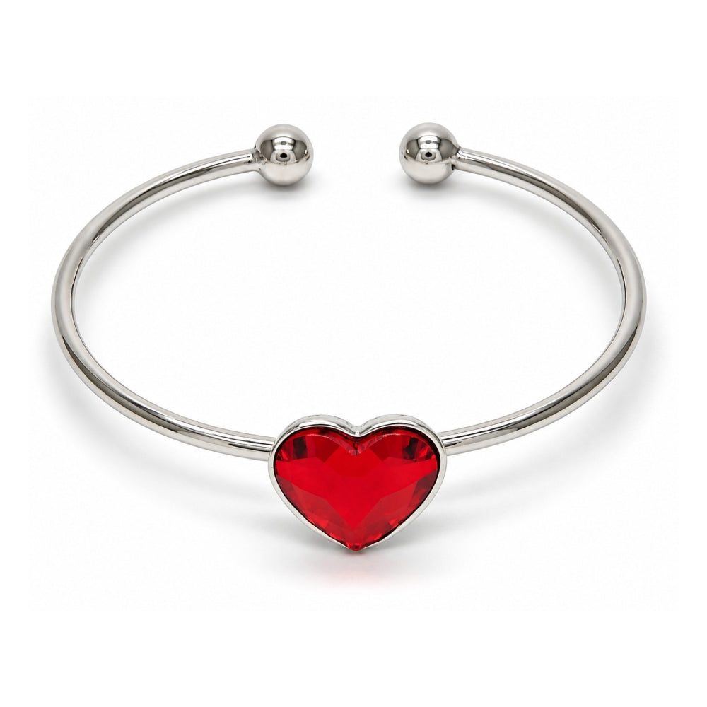 White Gold Filled Individual Bangle, Heart Design, with Light Siam Swarovski Crystals, Polished, Rhodium Finish