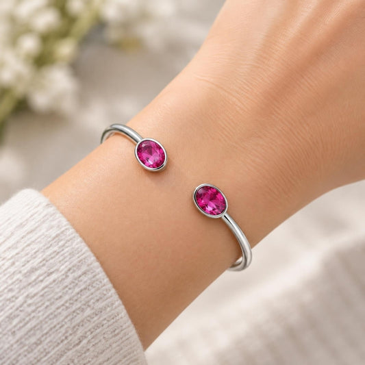 White Gold Filled Individual Bangle, with Rose Swarovski Crystals, Polished, Rhodium Finish