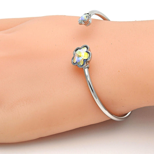 Rhodium Gold Filled Individual Bangle, Flower Design, with Luminous Green Swarovski Crystals, Polished, Rhodium Finish