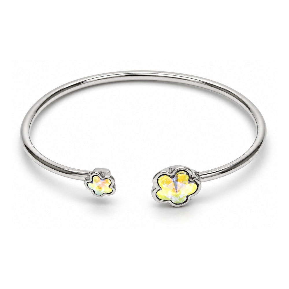White Gold Filled Individual Bangle, Flower Design, with Luminous Green Swarovski Crystals, Polished, Rhodium Finish