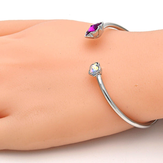 Rhodium Gold Filled Individual Bangle, Flower Design, with Fuchsia and Aurore Boreale Swarovski Crystals, Polished, Rhodium Finish