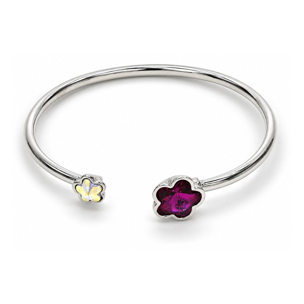White Gold Filled Individual Bangle, Flower Design, with Fuchsia and Aurore Boreale Swarovski Crystals, Polished, Rhodium Finish