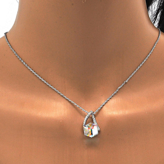 Rhodium Gold Filled Pendant Necklace, with Aurore Boreale and Aurore Boreale Swarovski Crystals, Polished, Rhodium Finish