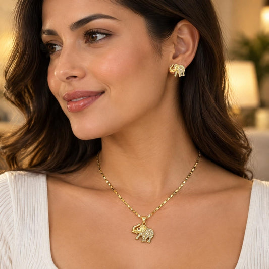 Oro Laminado Earring and Pendant Adult Set, Gold Filled Style Elephant Design, with White and Ruby Micro Pave, Polished, Golden Finish